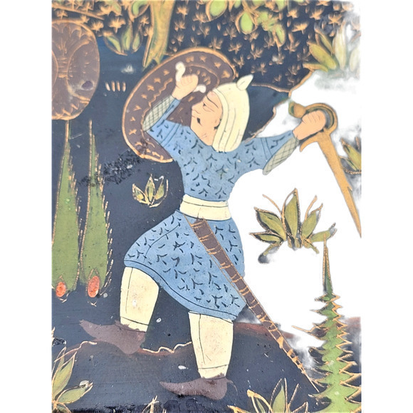 Vintage Russian Black Lacquer Green Blue Trinket Box Fighting Scene - Picture 5 of 13